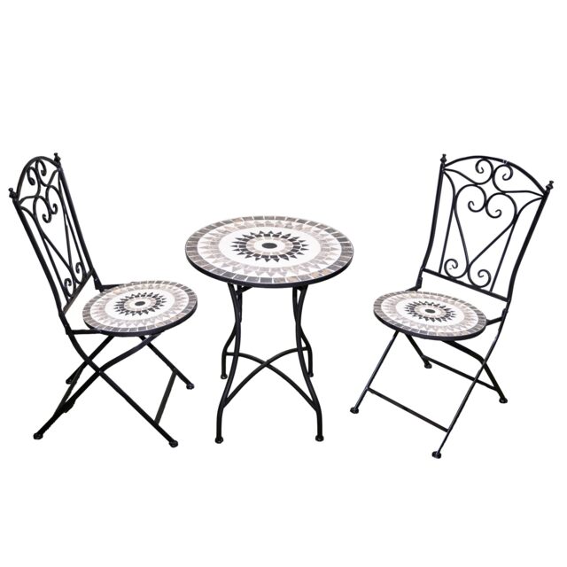 Mosaic Bistro Set with Folding Chairs, Ceramic Tile Outdoor Garden Furniture for Patio, Balcony and Terrace