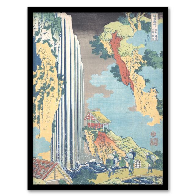 "Ono Waterfall On The Kisokaido Vintage Framed Wall Art Print Hokusai 12x16"""