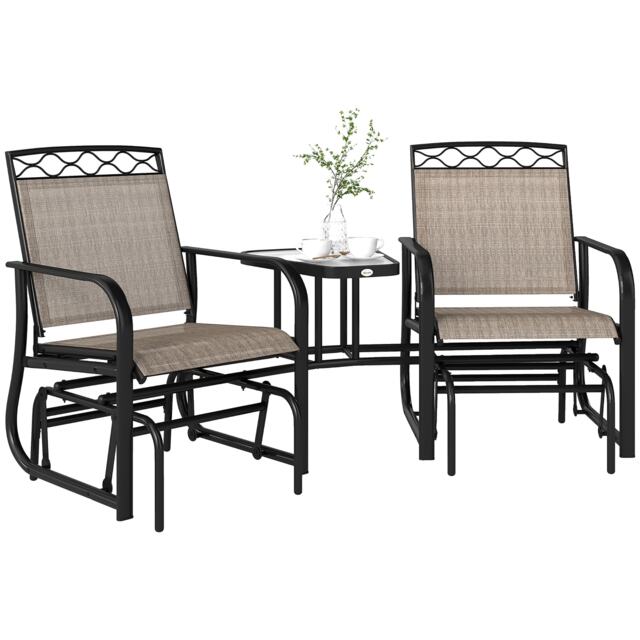 Outsunny 2-Person Outdoor Glider Rocker Chair with Center Table for Backyard Brown Brown