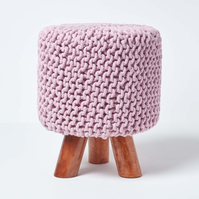Homescapes Pastel Pink Tall Cotton Knitted Footstool on Legs Pink 32 x 32 x 42 cm