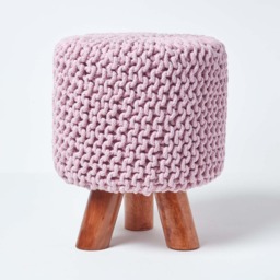 Homescapes Pastel Pink Tall Cotton Knitted Footstool on Legs Pink 32 x 32 x 42 cm