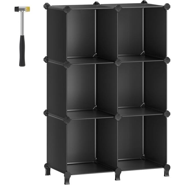 6 Cube Storage Unit, Modular Plastic Cube Storage Organiser with Feet, Shoe Rack, with Rubber Mallet, Black