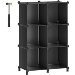 6 Cube Storage Unit, Modular Plastic Cube Storage Organiser with Feet, Shoe Rack, with Rubber Mallet, Black