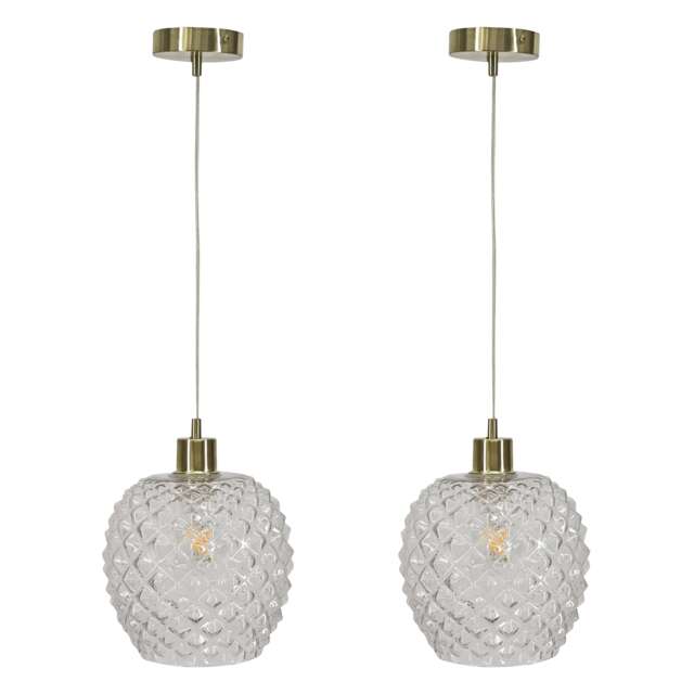 Set of 2 Baine - Clear Textured Glass with Satin Brass Pendant Fitting Clear Clear textured glass with satin brass plate detail Small 2