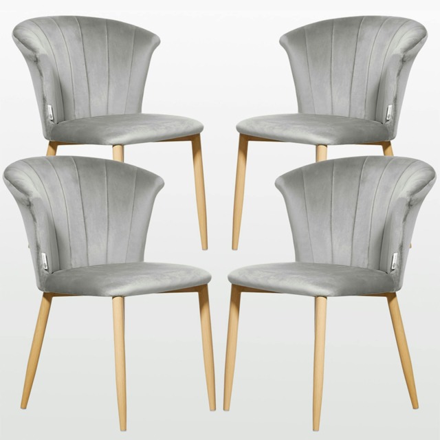 Set of 4 Elsa Velvet Dining Chairs with Wooden Legs, Curved Back & Comfortable Seating Grey