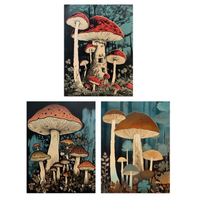Set of 3 Cep Mushrooms Fungi Forest Floor Paintings Wall Art Prints 12x16 Inch