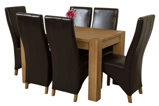 Kuba 125 x 80 cm Chunky Oak Small Dining Table and 6 Lola Leather Chairs Brown Brown