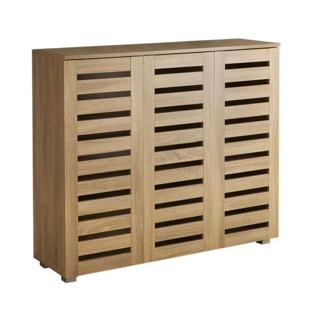 Oslo 3 Door Wooden Shoe Storage Cabinet Rack Stand Cupboard Slatted Doors Brown