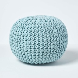 Homescapes Pastel Blue Round Cotton Knitted Pouffe Footstool - 35 x 40 cm Blue H 35cm x W 40cm