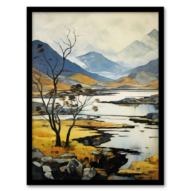Scottish Highlands Autumn Oil Ochre Misty Black Framed Wall Art Print A4