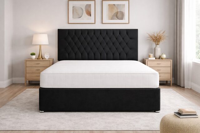 Black Naples 4FT6 Double Divan Bed Set with Memory Mattress and Headboard 2 Drawers One Each Side