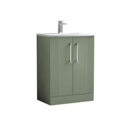Retro 2 Door Floor Standing Vanity Unit with Curved 1 Tap Hole Ceramic Basin - 600mm - Satin Green - Baltereley Green