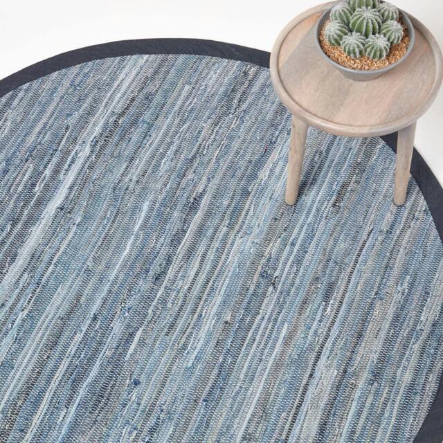 Homescapes Blue Denim Handwoven Striped Chindi Large Round Rug Blue Blue