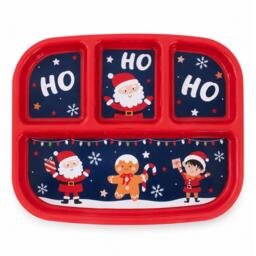 4 Section Christmas Dinner Plate Plastic Red Blue Ho Ho Ho Santa 28 x 23cm