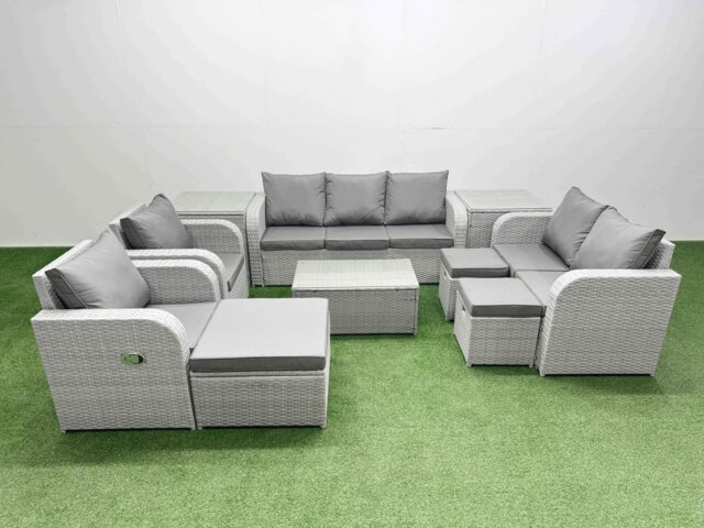 Fimous PE Rattan Garden Furniture Set Adjustable Chair Sofa Double Love Seat 2 Seater Sofa Lounge Set Oblong Coffee Table 3 Stools 2 Side Table Light Grey