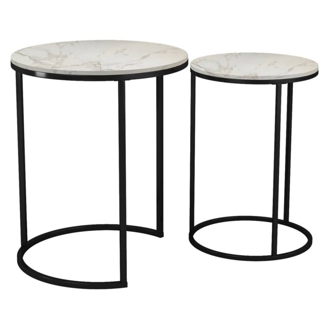 2Pc Round Nesting Stackable Sofa Side Bedside End Table Set Wood Top Metal Legs Multi White Marble Top with Black Legs