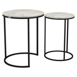 2Pc Round Nesting Stackable Sofa Side Bedside End Table Set Wood Top Metal Legs Multi White Marble Top with Black Legs