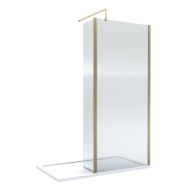 Balterley Fluted Glass Walk In Wetroom Screen and Hinged Return with Profile and Shower Tray Copper Brushed Brass