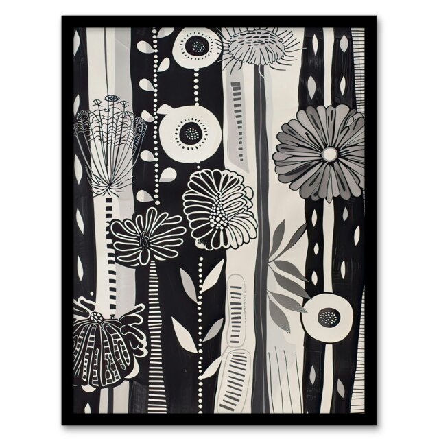 White Striped Wildflowers Floral Living Room Black Framed Wall Art Print A4