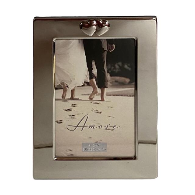 "Amore Silver Finish Photo Frame with Wide Boarder & Hearts 4"" x 6"""