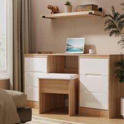 Bristol 6 Drawer Kneehole Desk in White Gloss & Bardolino Oak (Ready Assembled) White White Gloss & Bardolino Oak