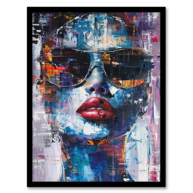 Woman Sunglasses Beauty Portrait Oil Living Room Black Framed Wall Art Print A4