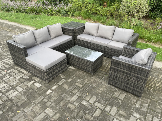 Fimous Wicker PE Rattan Sofa Set Outdoor Patio Garden Furniture with Armchair Oblong Coffee Table Side Table Big Footstool Dark Grey Mixed