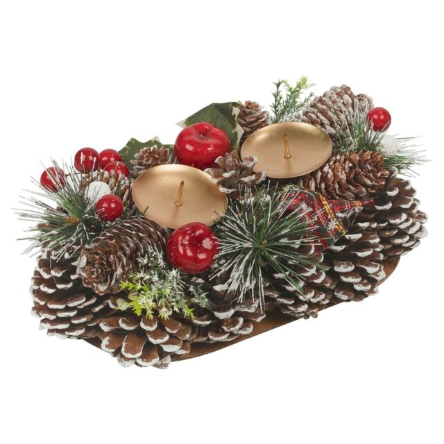 Christmas Wreath Candle Holder Centrepiece Arrangement Pinecones Berries Decor Multi Multicoloured 2 Candles - 26cm