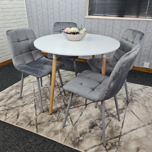 Dining Table And 4 Chairs White Round Table With 4 Grey Velvet Chairs Dining Room Furniture