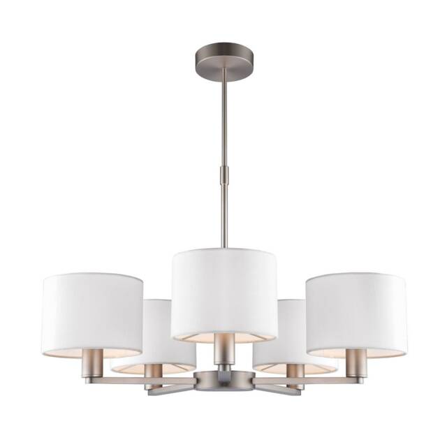 Daley 5 Light Multi Arm Ceiling Pendant Matt Nickel, Vintage White Silk Effect, E14