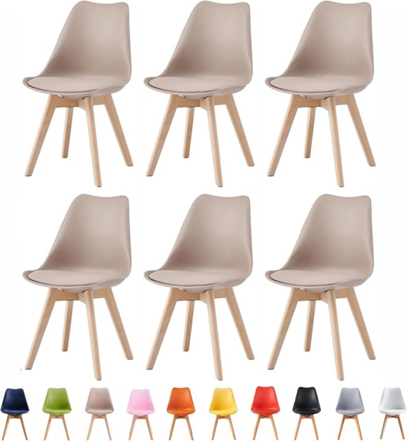 MCC Direct Set of 6 Plastic Dining Chairs with Wooden Legs Kitchen Chairs Eva