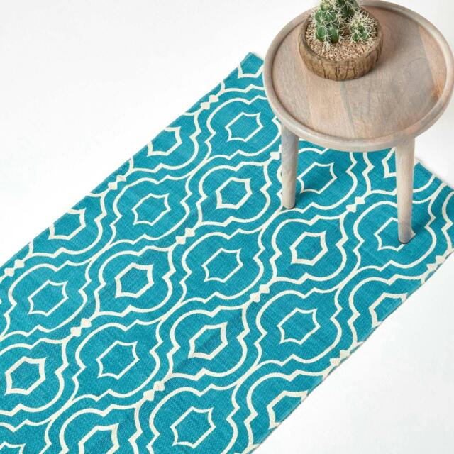Homescapes Riga Teal and White Cotton Printed Patterned Hall Runner - 66 x 200 cm Blue Teal and white
