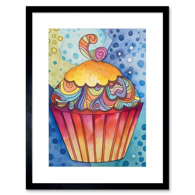 "Cupcake Colourful Frosting Folk Art Watercolour Kitchen 9x7"" Black Framed Wall Art Print"