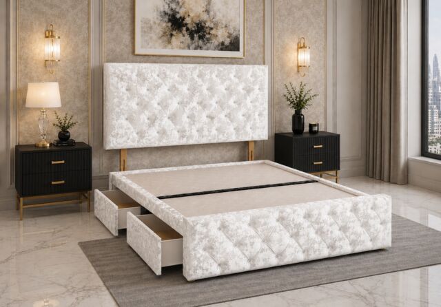 Brooklyn Divan Bed with Upholstered Headboard & Footboard Base - Single White Crush 2 Drawers Storage Left Side in Bed