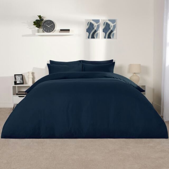 OHS Soft Plain Microfibre Duvet Cover and Pillowcase Set, King - Navy Blue