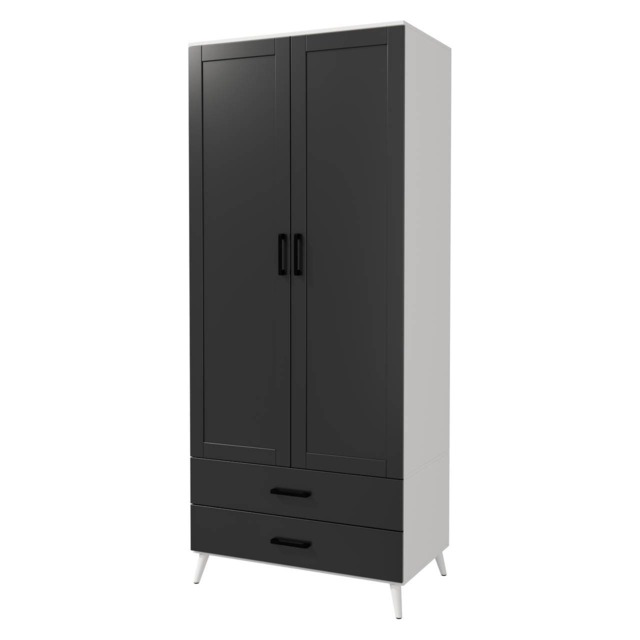DEVON Wardrobe 2 Door 2 Drawer Modern Bedroom Clothes Storage Hanging Rail 180cm White White Black 1
