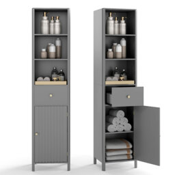 COSTWAY 170cm Tall Bathroom Cabinet Narrow Cabinet Grey