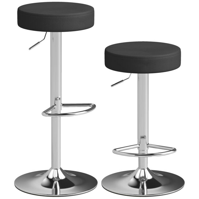 HOMCOM Bar Stools Set of 2, Height Adjustable Breakfast Bar Chairs Black Black 38.5 x 38.5 x 62-84 cm