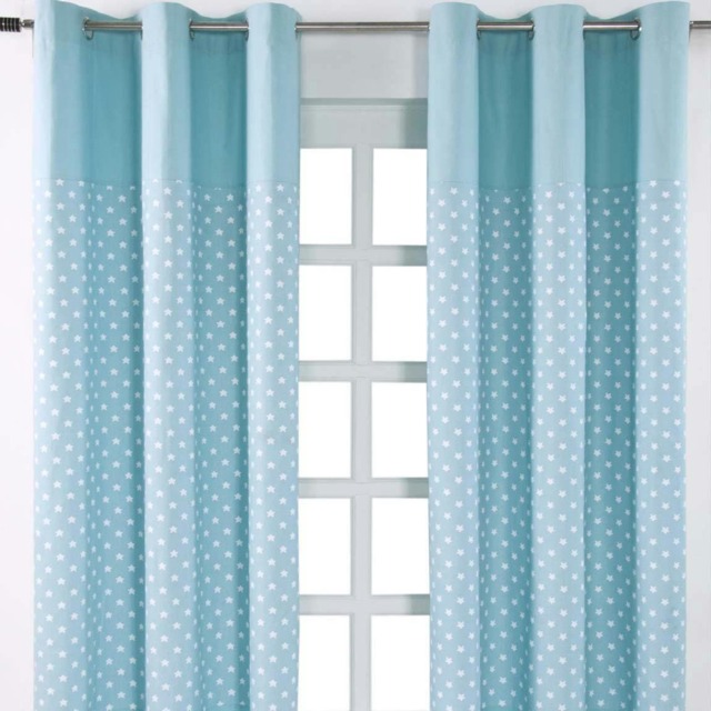 Homescapes Cotton Stars Blue Ready Made Eyelet Curtain Pair - 137 x 182 cm Drop Blue Blue