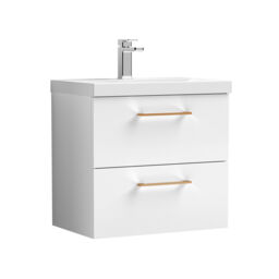Balterley Wall Hung Bathroom 2 Drawer Vanity Unit and 1 Tap Hole Ceramic Basin, with Handles White Gloss White