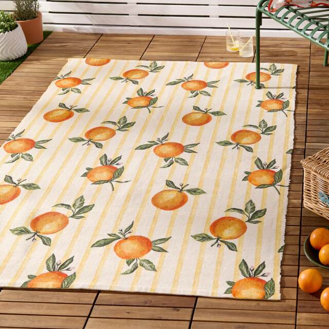 Furn Fruits Oranges Gingham Check Indoor/Outdoor Rug Yellow Yellow