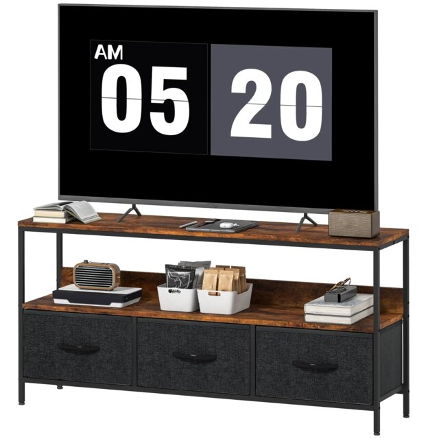 Industrial TV Stand Unit With 3 Storage Drawers Rustic