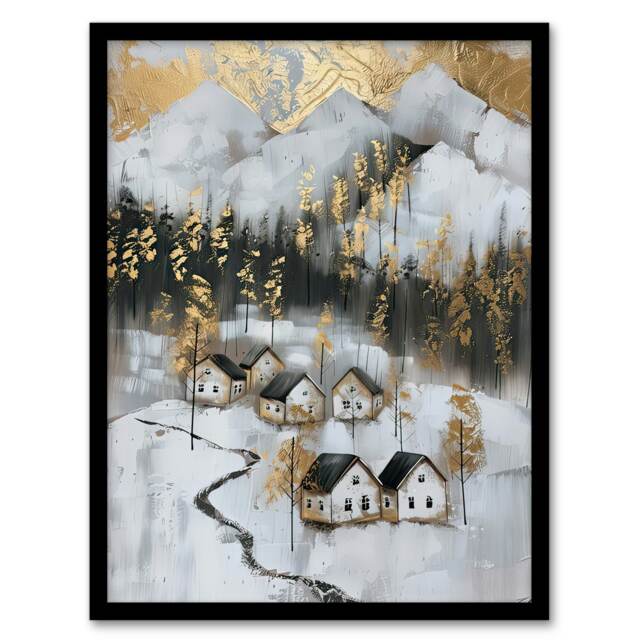 Scottish Highlands Houses Golden Winter Black Framed Wall Art Print A4