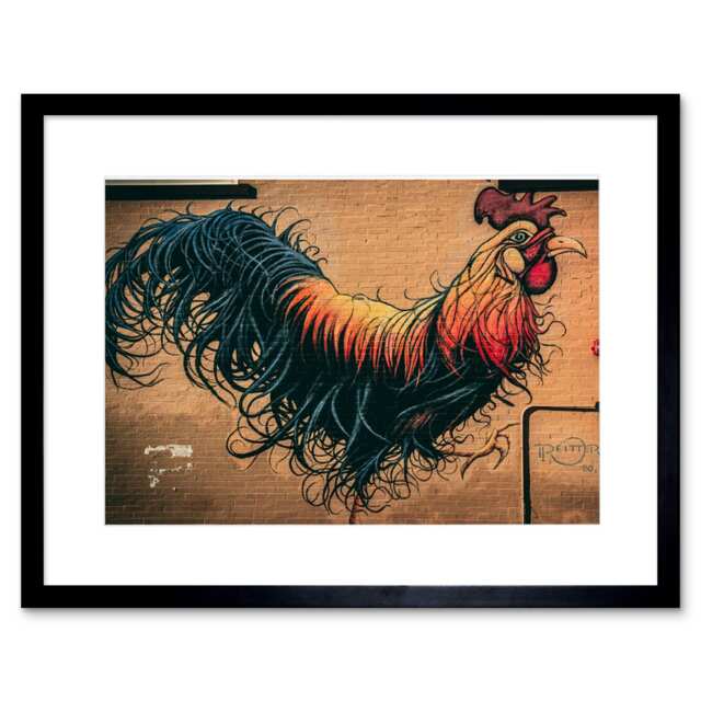 "Moran Graffiti Chicken Rooster Wall Street 9x7"" Black Framed Wall Art Print"