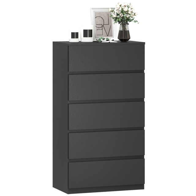HOMCOM Bedroom Chest of Drawers, 5 Drawers Dresser, Drawer Unit Black Black 55W x 34D x 100H cm