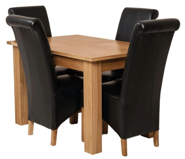 Hampton 120-160cm Oak Extending Dining Table and 4 Montana Leather Chairs Black Black