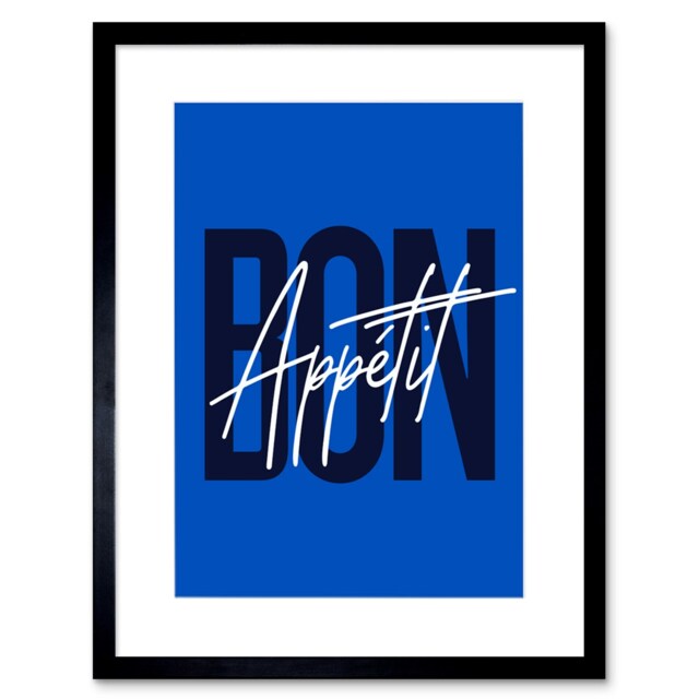 "Bon Appetit Cobalt Blue Bold Modern 9x7"" Black Framed Wall Art Print"