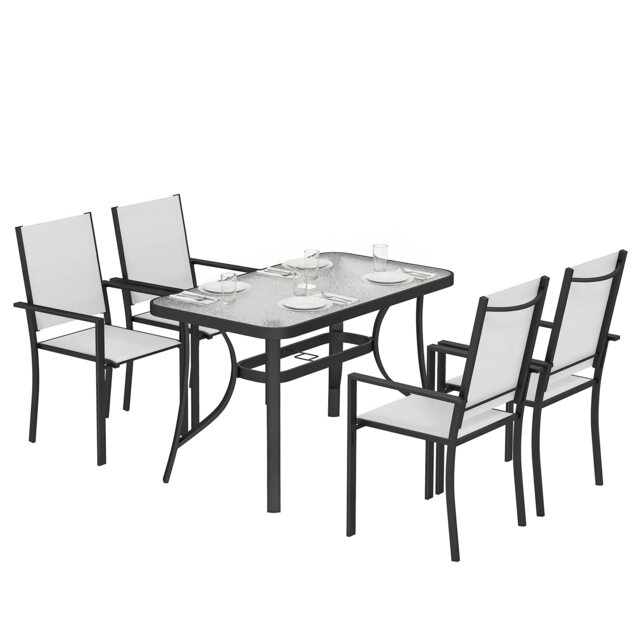 Outsunny Garden Dining Set with Umbrella Hole, Stackable Chairs, Light Grey Grey Light Grey Table: 120 x 68 x 72 cm Chair: 54 x 62 x 89 cm