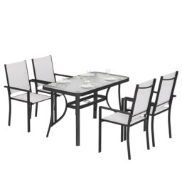 Outsunny Garden Dining Set with Umbrella Hole, Stackable Chairs, Light Grey Grey Light Grey Table: 120 x 68 x 72 cm Chair: 54 x 62 x 89 cm