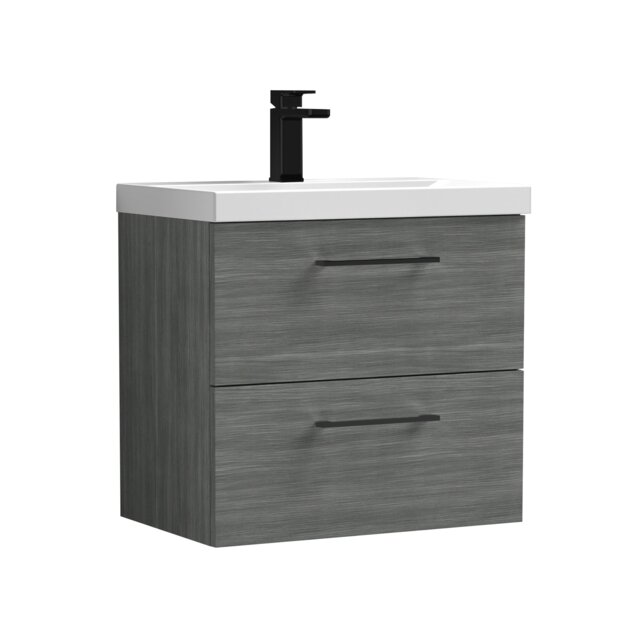 Balterley Wall Hung Bathroom 2 Drawer Vanity Unit and 1 Tap Hole Ceramic Basin, with Handles Grey Anthracite Woodgrain